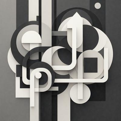 The primary subject of the image is a collection of geometric shapes, including circles and squares, arranged in a visually appealing manner. The setting is a black and white background, which adds a sense of contrast and depth to the composition. The visual style is a combination of digital art and illustration, creating a unique and artistic representation of the shapes. The colors and mood of the image are predominantly black and white, giving it a classic and timeless feel.